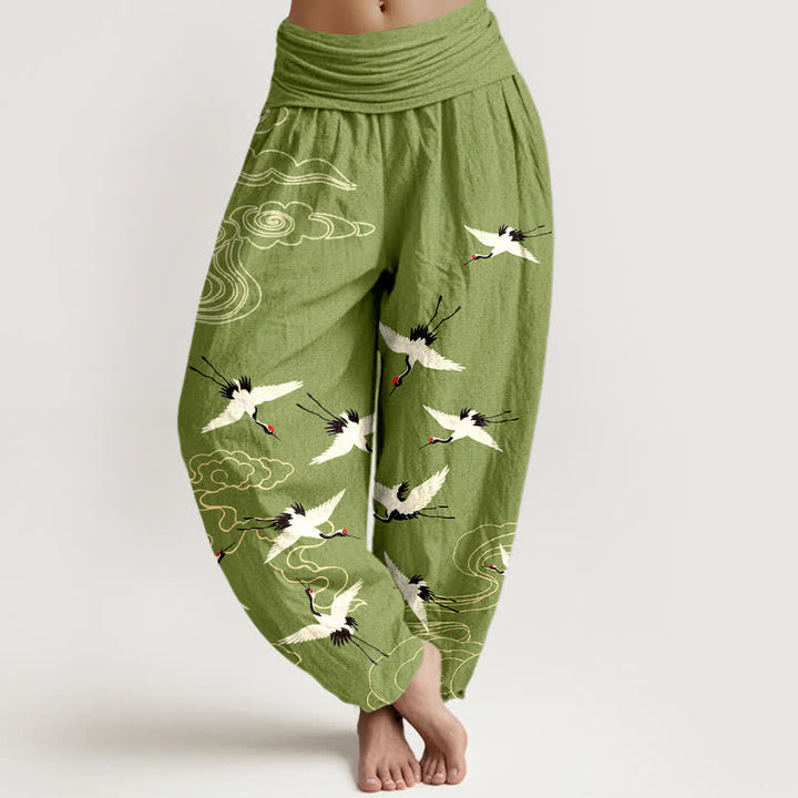 Buddha Stones Pantaloni harem da donna in cotone con motivo gru volante e elastico in vita. - Verde oliva - US16, UK/AU20, EU48 (3XL) - image 5