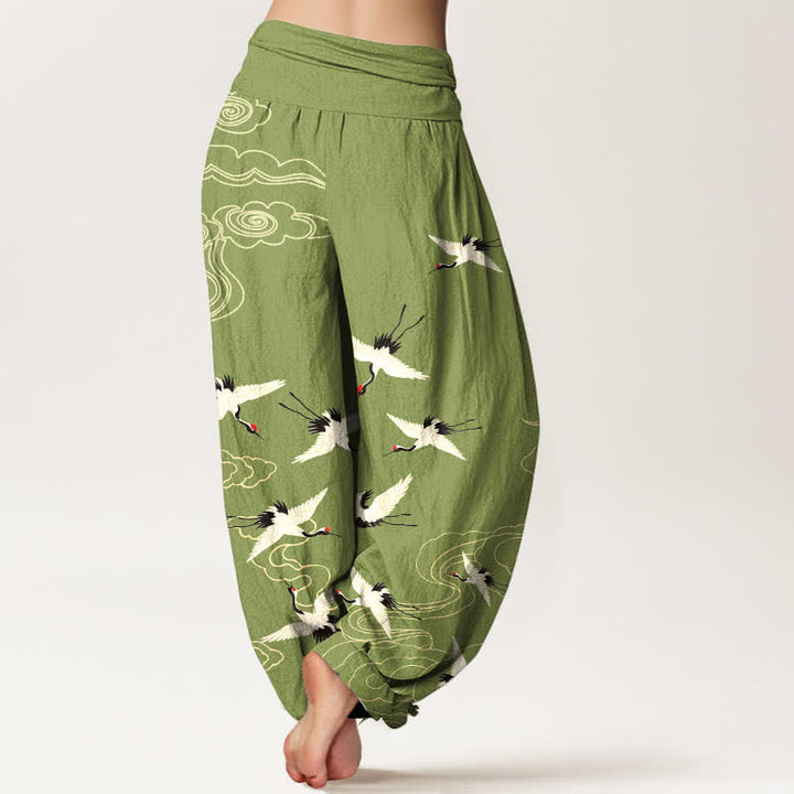 Buddha Stones Pantaloni harem da donna in cotone con motivo gru volante e elastico in vita. - image 7