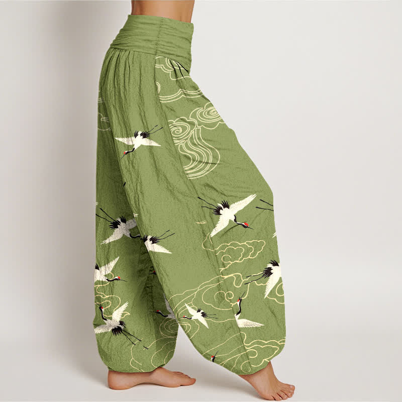 Buddha Stones Pantaloni harem da donna in cotone con motivo gru volante e elastico in vita. - image 6