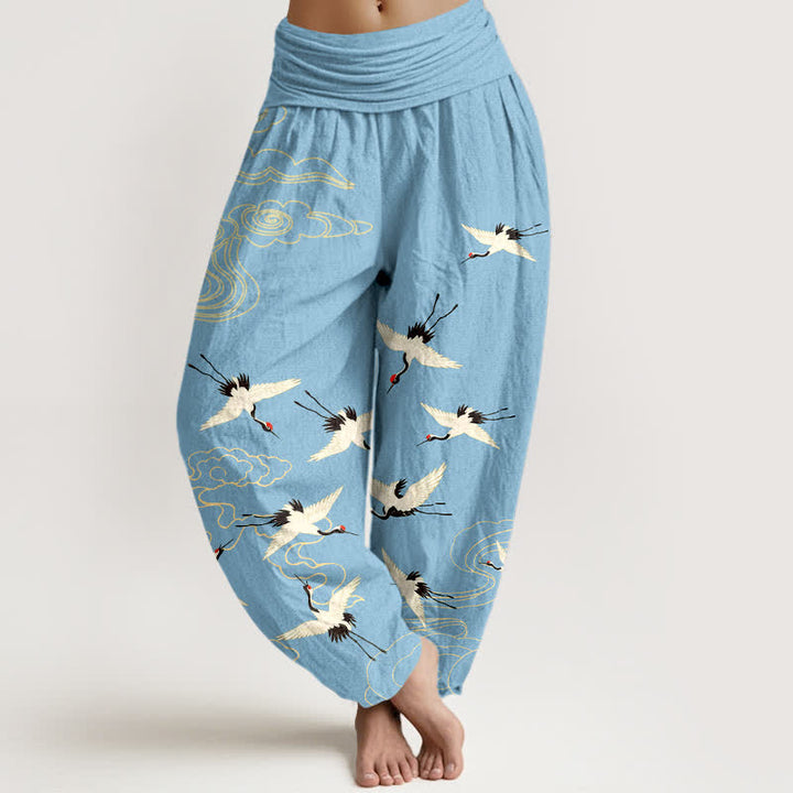 Buddha Stones Pantaloni harem da donna in cotone con motivo gru volante e elastico in vita. - Cielo Blu - US16, UK/AU20, EU48 (3XL) - image 8