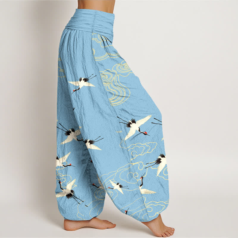 Buddha Stones Pantaloni harem da donna in cotone con motivo gru volante e elastico in vita. - image 9