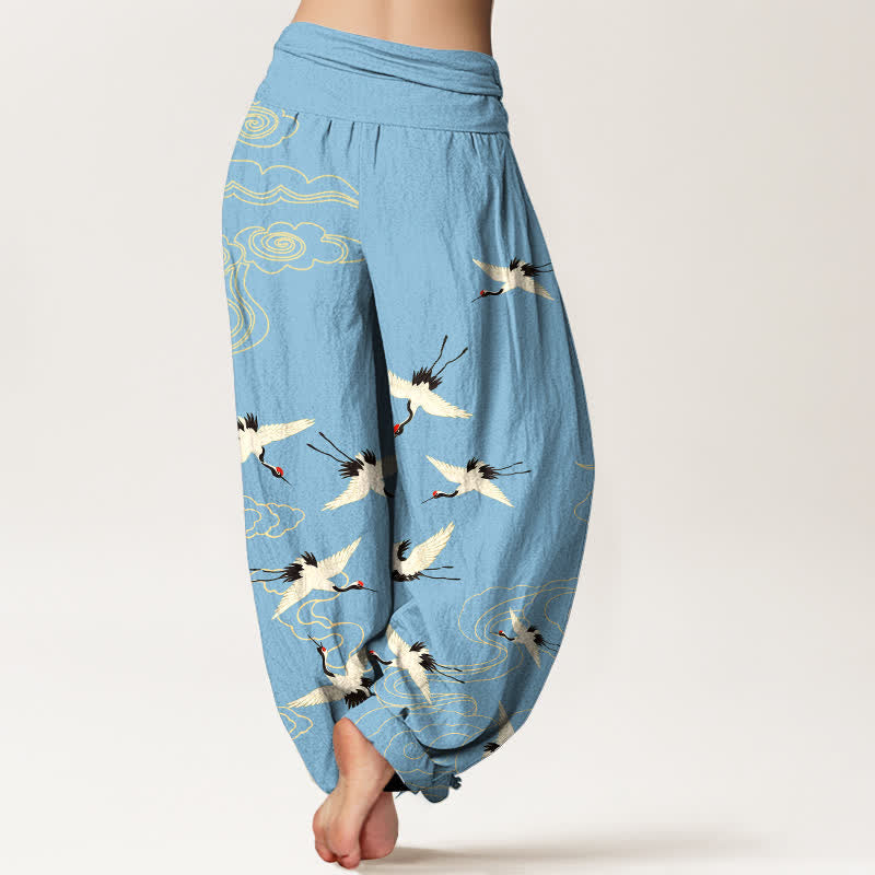 Buddha Stones Pantaloni harem da donna in cotone con motivo gru volante e elastico in vita. - image 10