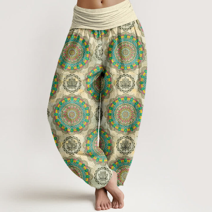 Buddha Stones Pantaloni harem da donna in cotone con motivo mandala boho e elastico in vita. - Beige - US16, UK/AU20, EU48 (3XL) - image 0