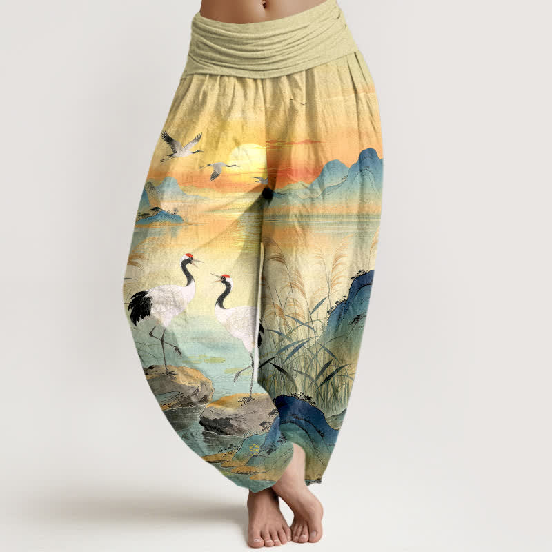 Buddha Stones Pantaloni harem da donna in cotone con motivo "Alba e gru di montagna" e vita elasticizzata. - LemonChiffon - US16, UK/AU20, EU48 (3XL) - image 0