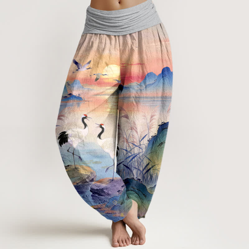 Buddha Stones Pantaloni harem da donna in cotone con motivo "Alba e gru di montagna" e vita elasticizzata. - Grigio chiaro - US16, UK/AU20, EU48 (3XL) - image 5