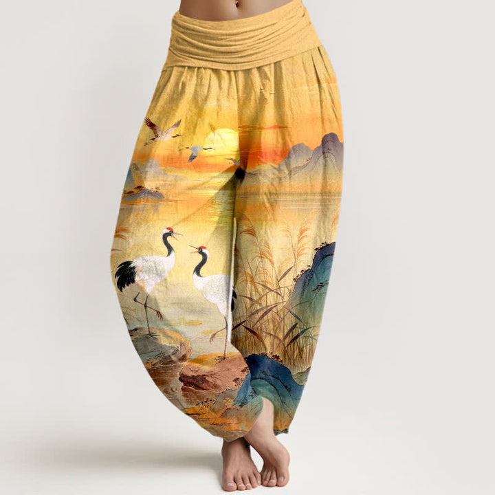 Buddha Stones Pantaloni harem da donna in cotone con motivo "Alba e gru di montagna" e vita elasticizzata. - Oro - US16, UK/AU20, EU48 (3XL) - image 8