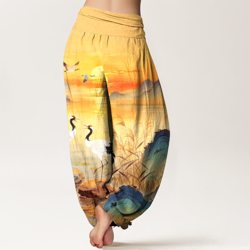 Buddha Stones Pantaloni harem da donna in cotone con motivo "Alba e gru di montagna" e vita elasticizzata. - image 10