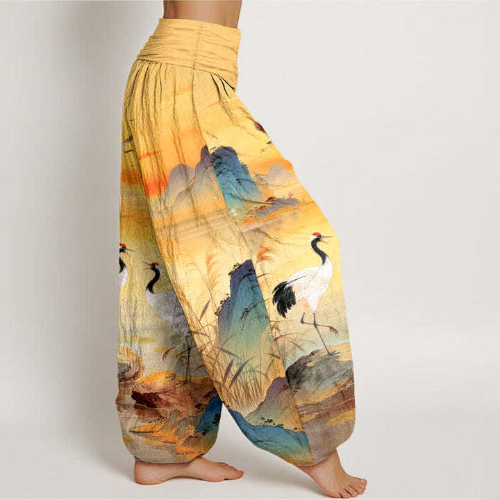 Buddha Stones Pantaloni harem da donna in cotone con motivo "Alba e gru di montagna" e vita elasticizzata. - image 9