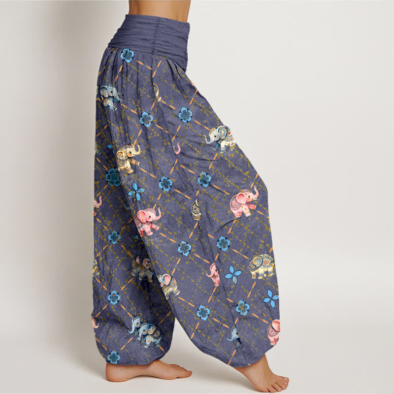 Buddha Stones Pantaloni harem da donna in cotone con motivo floreale e elefanti, con elastico in vita. - image 1