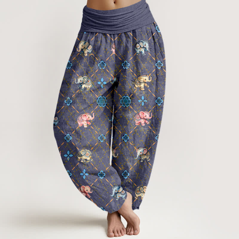 Buddha Stones Pantaloni harem da donna in cotone con motivo floreale e elefanti, con elastico in vita. - Blu Ardesia - US16, UK/AU20, EU48 (3XL) - image 0