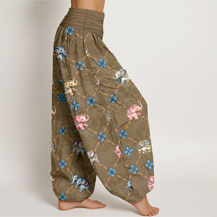 Buddha Stones Pantaloni harem da donna in cotone con motivo floreale e elefanti, con elastico in vita. - image 6