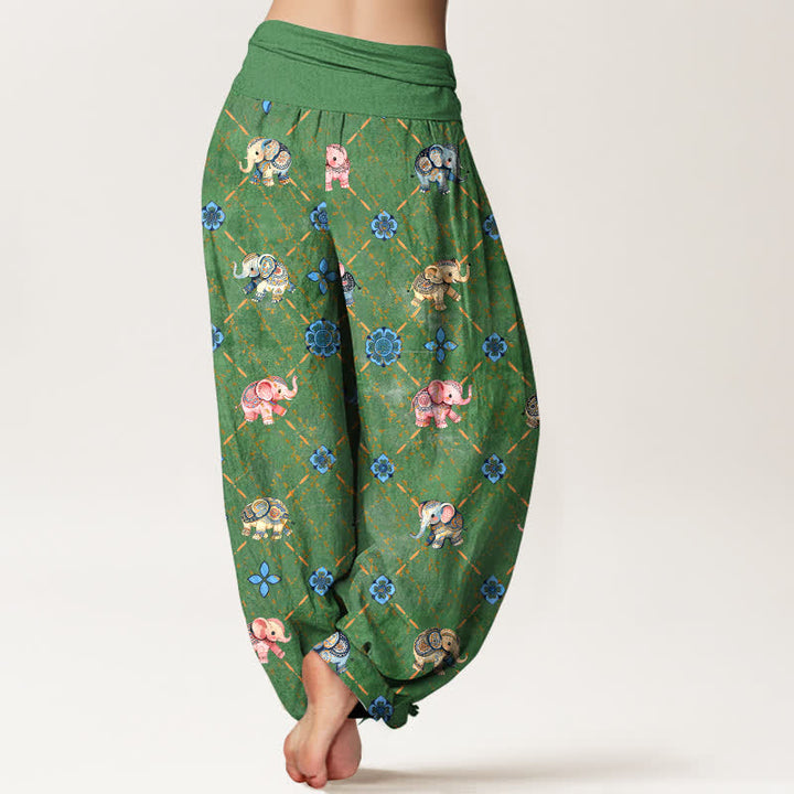 Buddha Stones Pantaloni harem da donna in cotone con motivo floreale e elefanti, con elastico in vita. - image 10