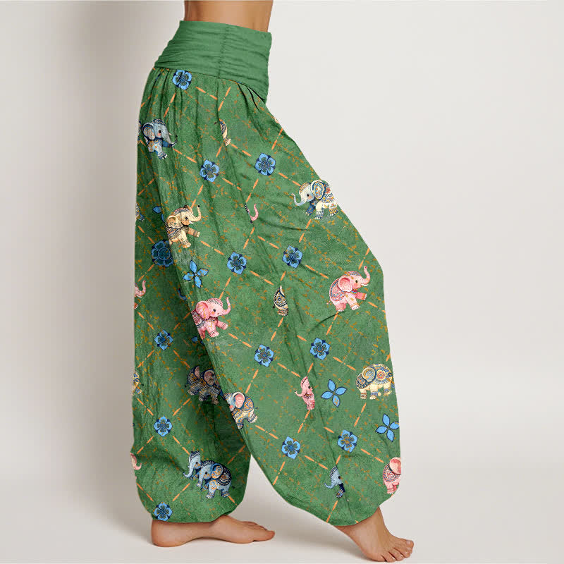 Buddha Stones Pantaloni harem da donna in cotone con motivo floreale e elefanti, con elastico in vita. - image 9