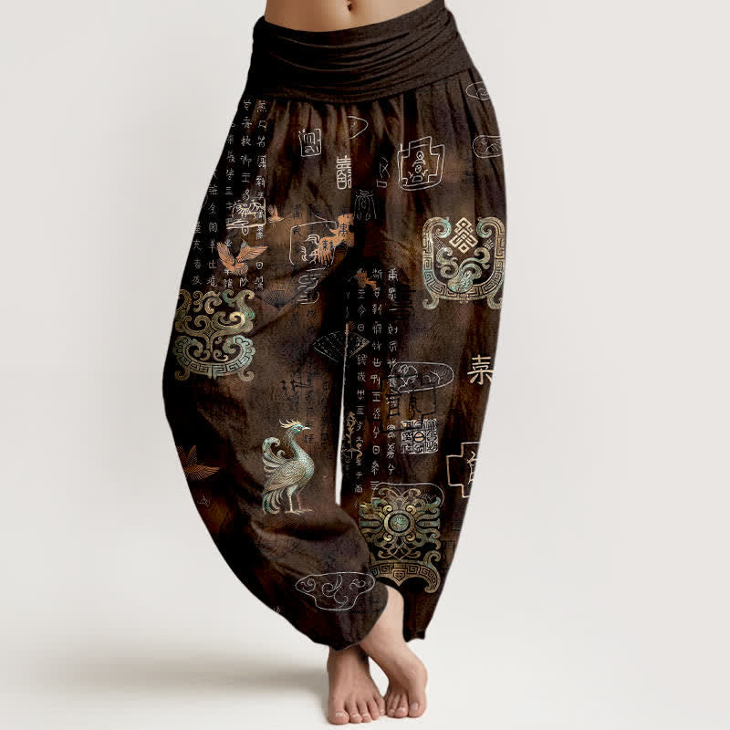 Buddha Stones Pantaloni harem da donna in cotone con motivo nuvola di fenice e vita elasticizzata - Marrone sella - US16, UK/AU20, EU48 (3XL) - image 0