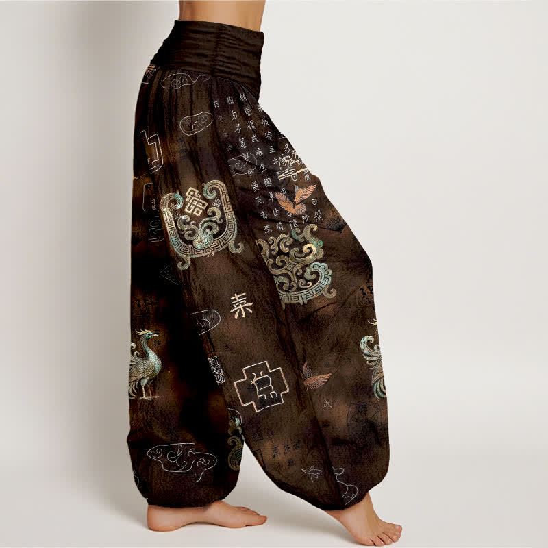 Buddha Stones Pantaloni harem da donna in cotone con motivo nuvola di fenice e vita elasticizzata - image 1