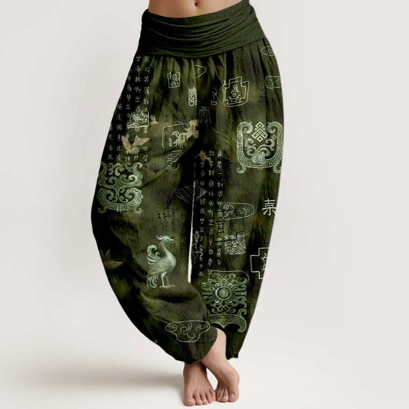 Buddha Stones Pantaloni harem da donna in cotone con motivo nuvola di fenice e vita elasticizzata - Verde oliva scuro - US16, UK/AU20, EU48 (3XL) - image 5