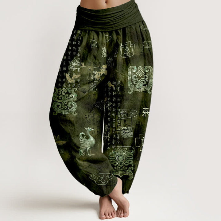 Buddha Stones Pantaloni harem da donna in cotone con motivo nuvola di fenice e vita elasticizzata - Verde oliva scuro - US16, UK/AU20, EU48 (3XL) - image 5
