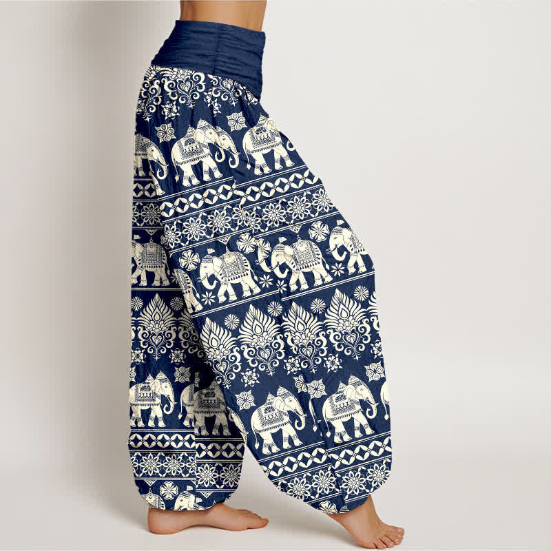Buddha Stones Pantaloni harem da donna in cotone con motivo a righe tribali e elefanti, con elastico in vita. - image 2