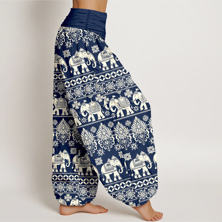Buddha Stones Pantaloni harem da donna in cotone con motivo a righe tribali e elefanti, con elastico in vita. - image 2