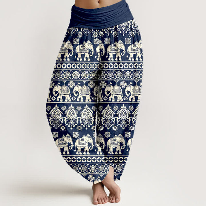 Buddha Stones Pantaloni harem da donna in cotone con motivo a righe tribali e elefanti, con elastico in vita. - Marina - US16, UK/AU20, EU48 (3XL) - image 0