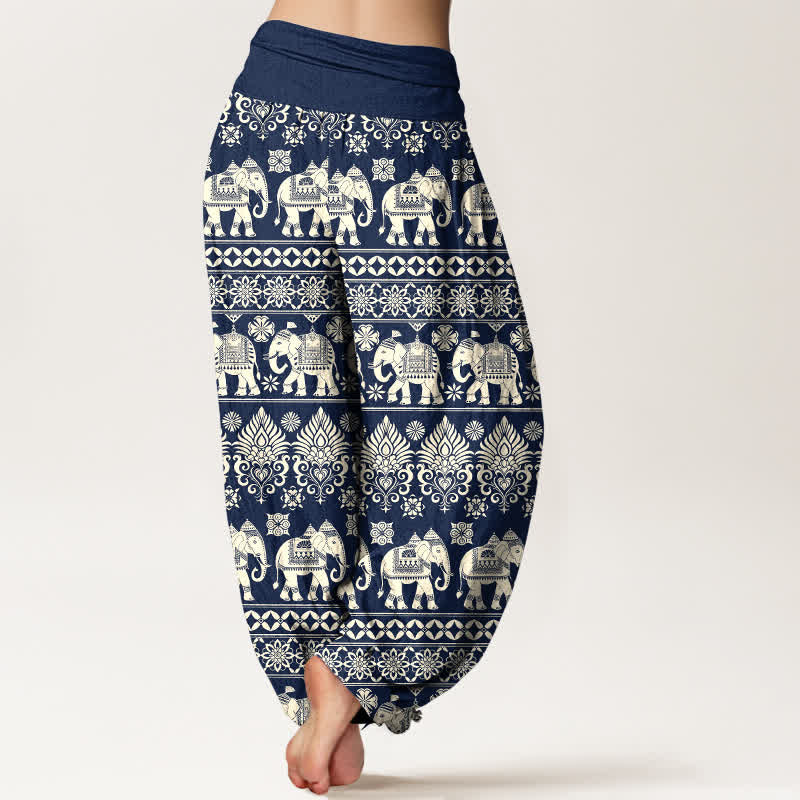 Buddha Stones Pantaloni harem da donna in cotone con motivo a righe tribali e elefanti, con elastico in vita. - image 1