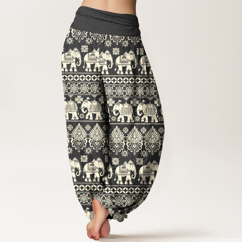 Buddha Stones Pantaloni harem da donna in cotone con motivo a righe tribali e elefanti, con elastico in vita. - image 7