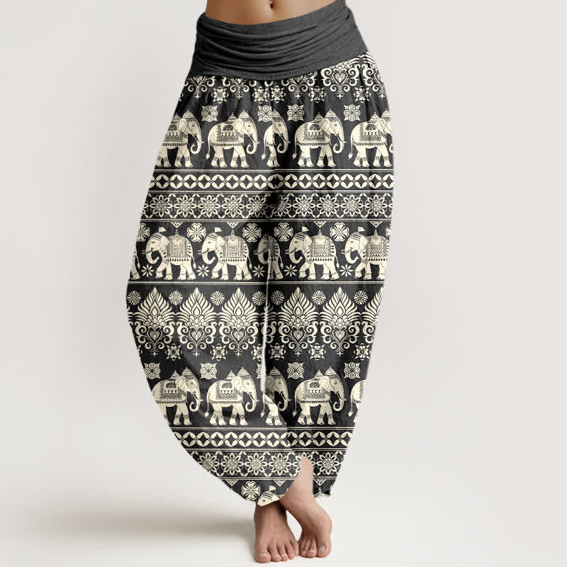 Buddha Stones Pantaloni harem da donna in cotone con motivo a righe tribali e elefanti, con elastico in vita. - Grigio tenue - US16, UK/AU20, EU48 (3XL) - image 5