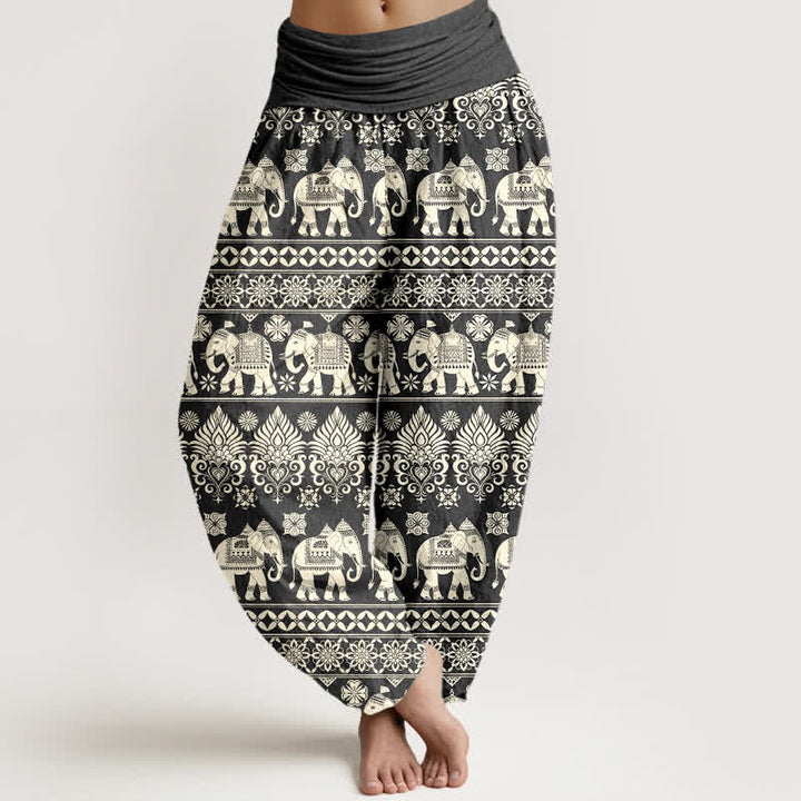 Buddha Stones Pantaloni harem da donna in cotone con motivo a righe tribali e elefanti, con elastico in vita. - Grigio tenue - US16, UK/AU20, EU48 (3XL) - image 5
