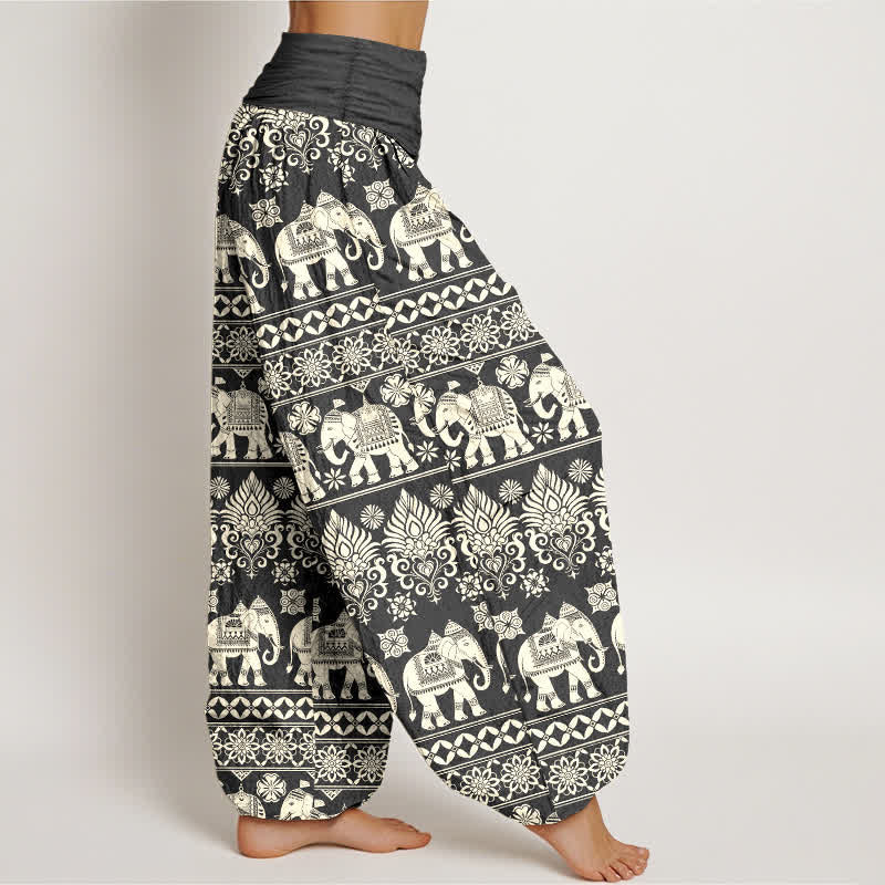 Buddha Stones Pantaloni harem da donna in cotone con motivo a righe tribali e elefanti, con elastico in vita. - image 6