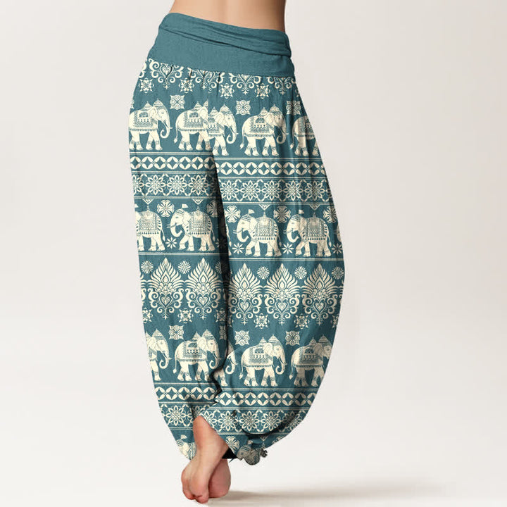Buddha Stones Pantaloni harem da donna in cotone con motivo a righe tribali e elefanti, con elastico in vita. - image 10