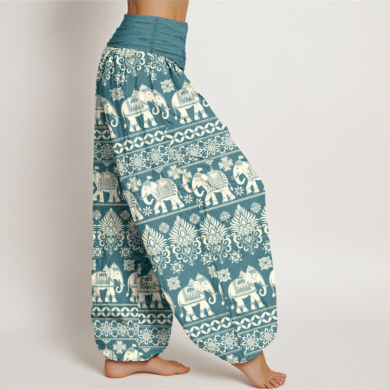 Buddha Stones Pantaloni harem da donna in cotone con motivo a righe tribali e elefanti, con elastico in vita. - image 9