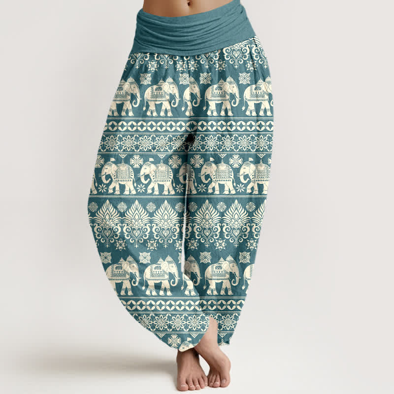 Buddha Stones Pantaloni harem da donna in cotone con motivo a righe tribali e elefanti, con elastico in vita. - Verde acqua - US16, UK/AU20, EU48 (3XL) - image 8