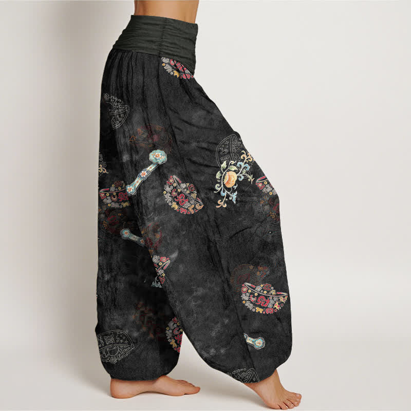 Buddha Stones Pantaloni harem da donna in cotone con motivo floreale a ventaglio e vita elasticizzata. - image 1