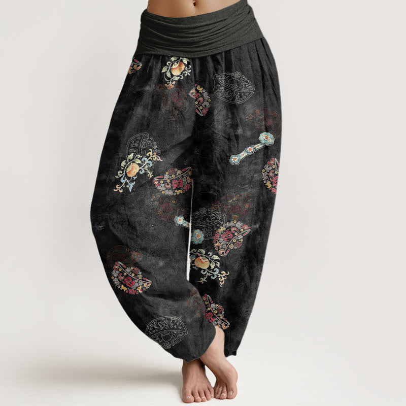 Buddha Stones Pantaloni harem da donna in cotone con motivo floreale a ventaglio e vita elasticizzata. - Nero - US16, UK/AU20, EU48 (3XL) - image 0