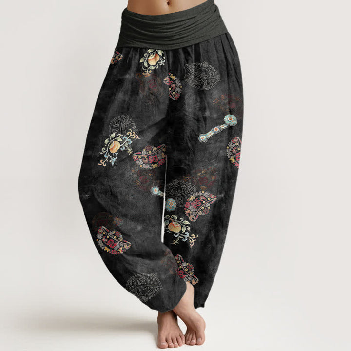 Buddha Stones Pantaloni harem da donna in cotone con motivo floreale a ventaglio e vita elasticizzata. - Nero - US16, UK/AU20, EU48 (3XL) - image 0
