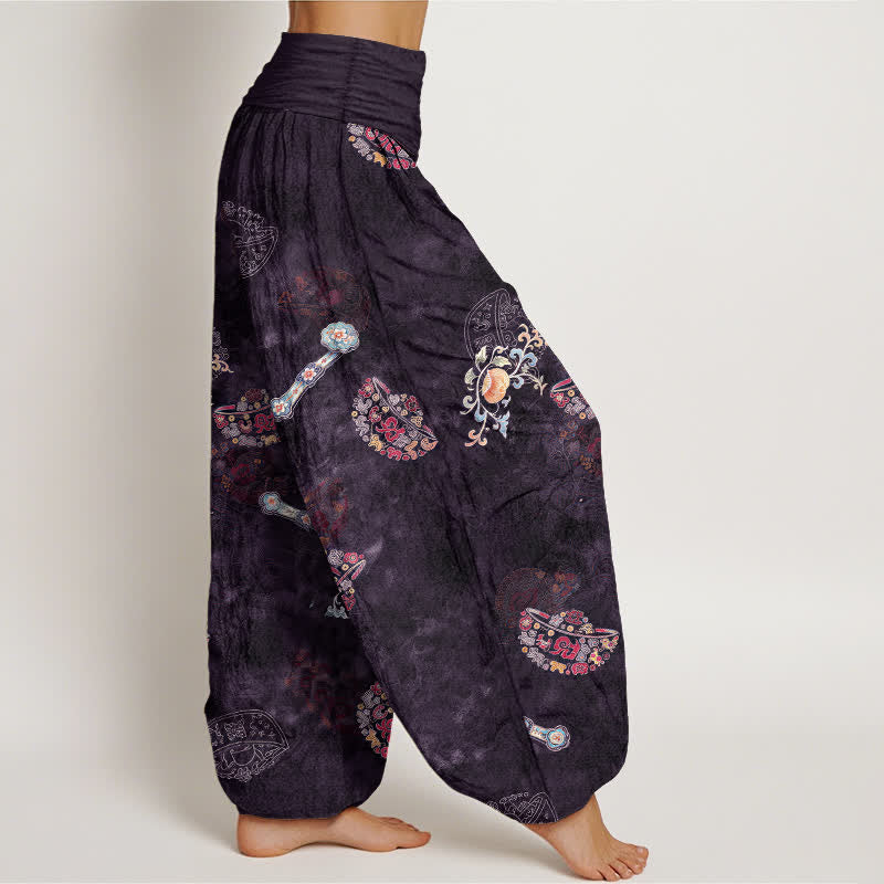 Buddha Stones Pantaloni harem da donna in cotone con motivo floreale a ventaglio e vita elasticizzata. - image 6