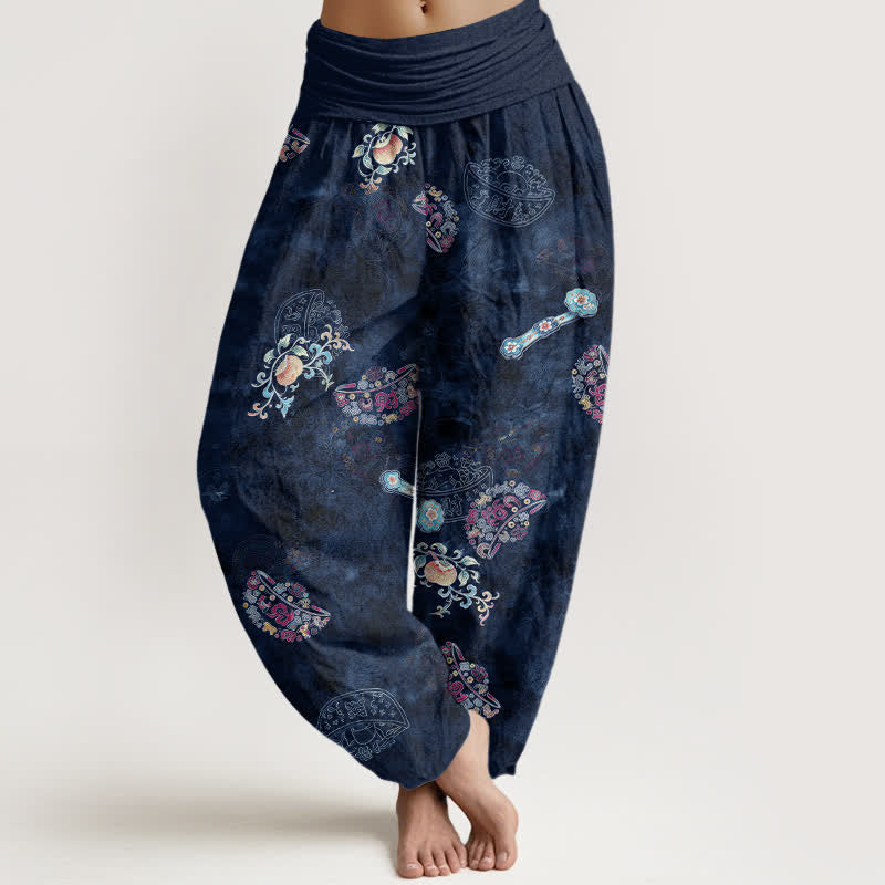 Buddha Stones Pantaloni harem da donna in cotone con motivo floreale a ventaglio e vita elasticizzata. - Marina - US16, UK/AU20, EU48 (3XL) - image 8