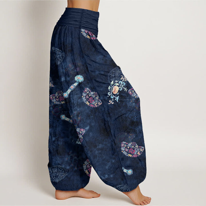 Buddha Stones Pantaloni harem da donna in cotone con motivo floreale a ventaglio e vita elasticizzata. - image 9