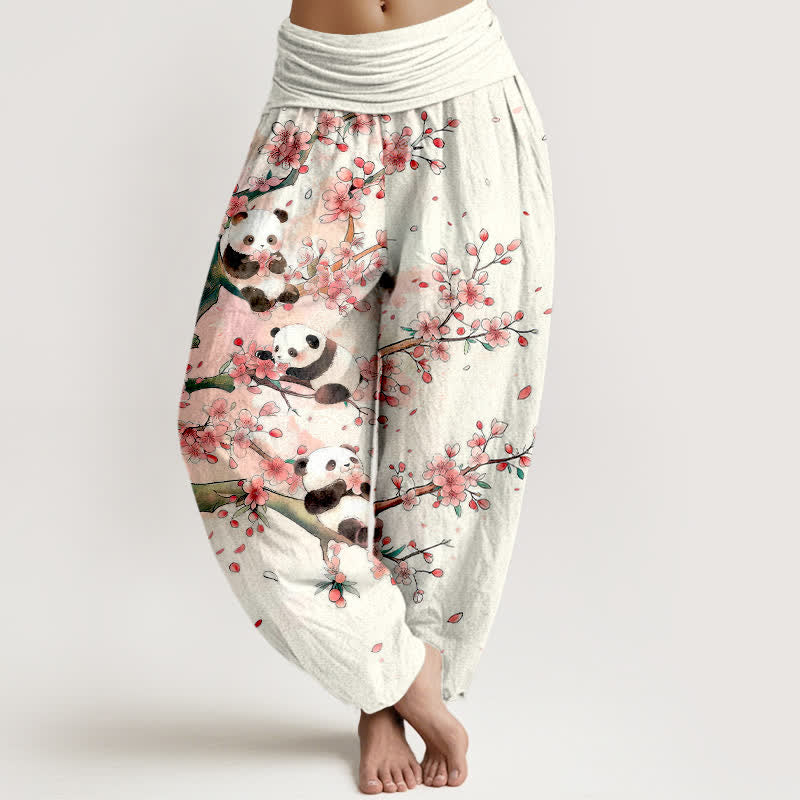 Buddha Stones Pantaloni harem da donna in cotone con motivo a fiori di ciliegio e panda, con elastico in vita. - Bianco - US16, UK/AU20, EU48 (3XL) - image 0