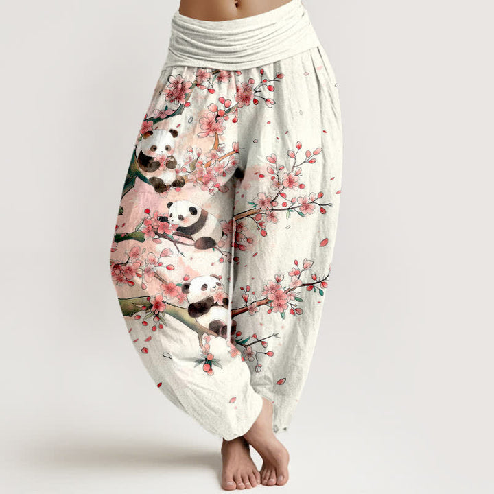 Buddha Stones Pantaloni harem da donna in cotone con motivo a fiori di ciliegio e panda, con elastico in vita. - Bianco - US16, UK/AU20, EU48 (3XL) - image 0