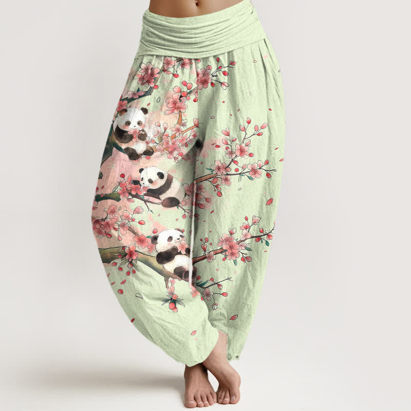 Buddha Stones Pantaloni harem da donna in cotone con motivo a fiori di ciliegio e panda, con elastico in vita. - Melata - US16, UK/AU20, EU48 (3XL) - image 5