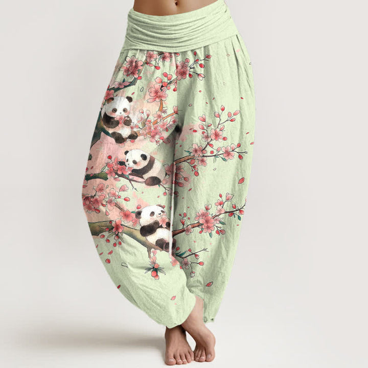 Buddha Stones Pantaloni harem da donna in cotone con motivo a fiori di ciliegio e panda, con elastico in vita. - Melata - US16, UK/AU20, EU48 (3XL) - image 5