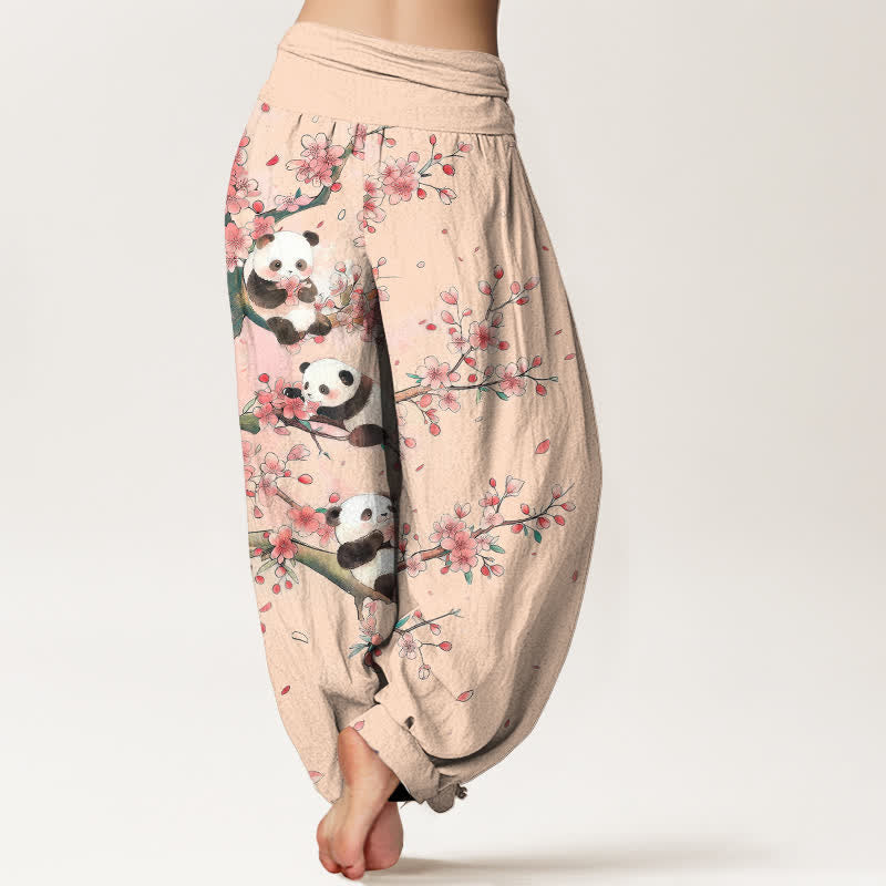 Buddha Stones Pantaloni harem da donna in cotone con motivo a fiori di ciliegio e panda, con elastico in vita. - image 10