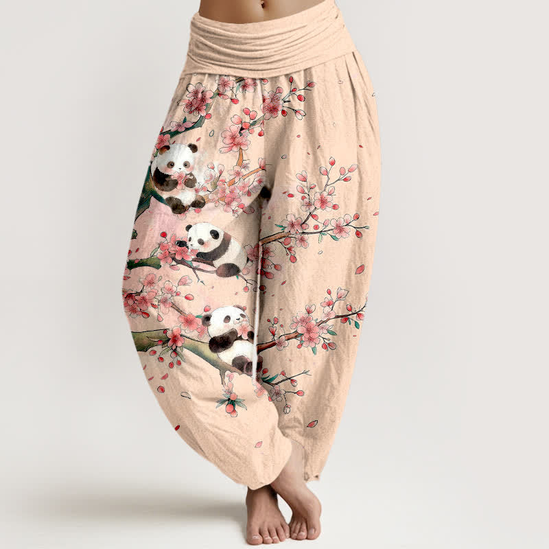 Buddha Stones Pantaloni harem da donna in cotone con motivo a fiori di ciliegio e panda, con elastico in vita. - PeachPuff - US16, UK/AU20, EU48 (3XL) - image 8