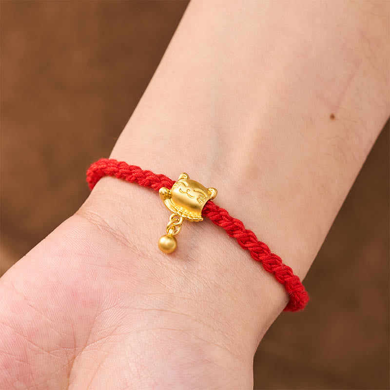 Buddha Stones Bracciale protettivo intrecciato a mano con ciondolo a forma di gatto portafortuna in rame e filo rosso tibetano. - image 15