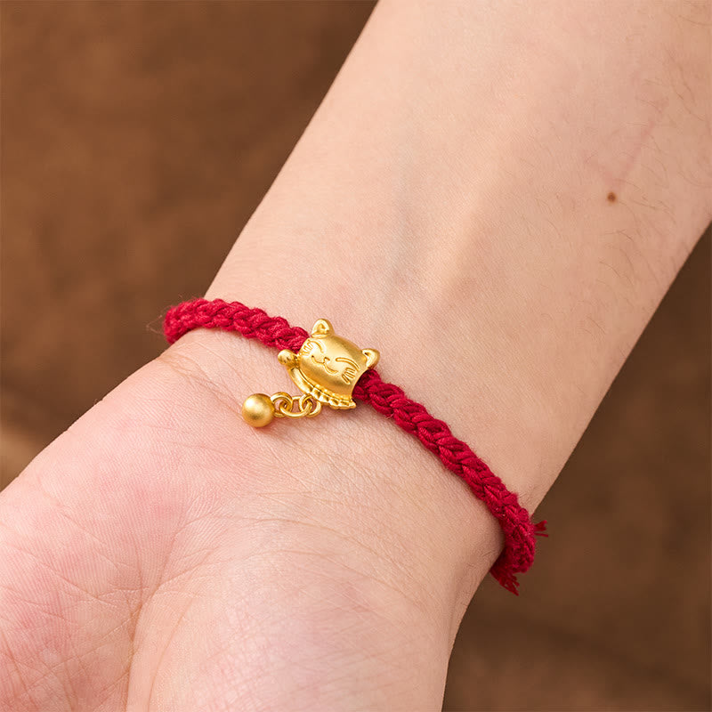 Buddha Stones Bracciale protettivo intrecciato a mano con ciondolo a forma di gatto portafortuna in rame e filo rosso tibetano. - image 5
