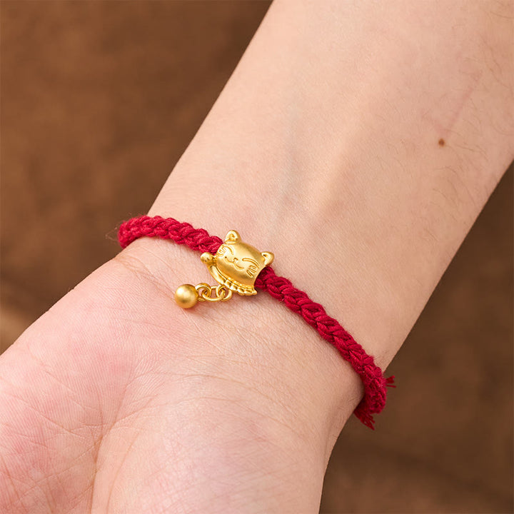 Buddha Stones Bracciale protettivo intrecciato a mano con ciondolo a forma di gatto portafortuna in rame e filo rosso tibetano. - image 5