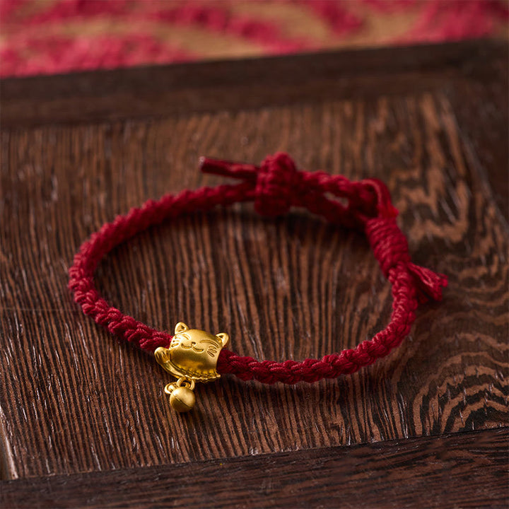 Buddha Stones Bracciale protettivo intrecciato a mano con ciondolo a forma di gatto portafortuna in rame e filo rosso tibetano. - image 4