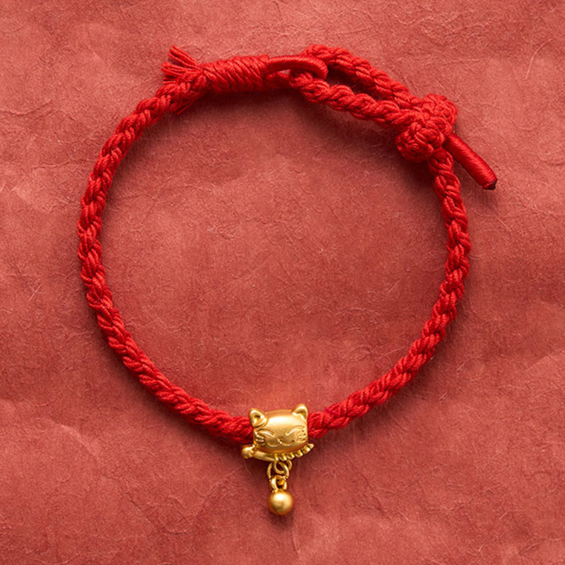 Buddha Stones Bracciale protettivo intrecciato a mano con ciondolo a forma di gatto portafortuna in rame e filo rosso tibetano. - image 12