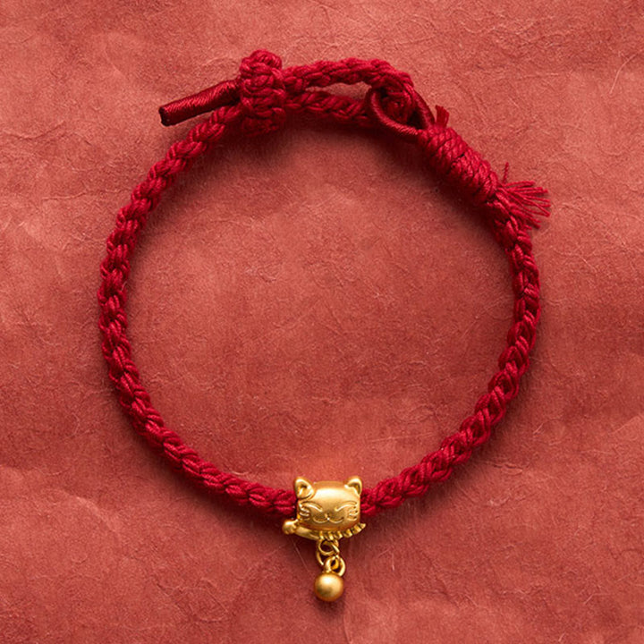 Buddha Stones Bracciale protettivo intrecciato a mano con ciondolo a forma di gatto portafortuna in rame e filo rosso tibetano. - image 2